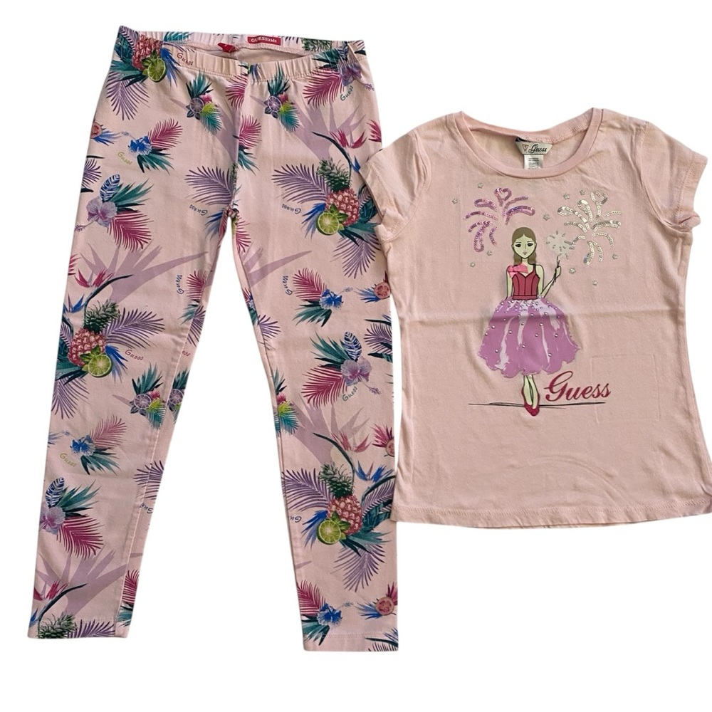 Guess Kids Tropical Hawaiian Print Matching Outfit Set Pants & Shirt Girl Size 5